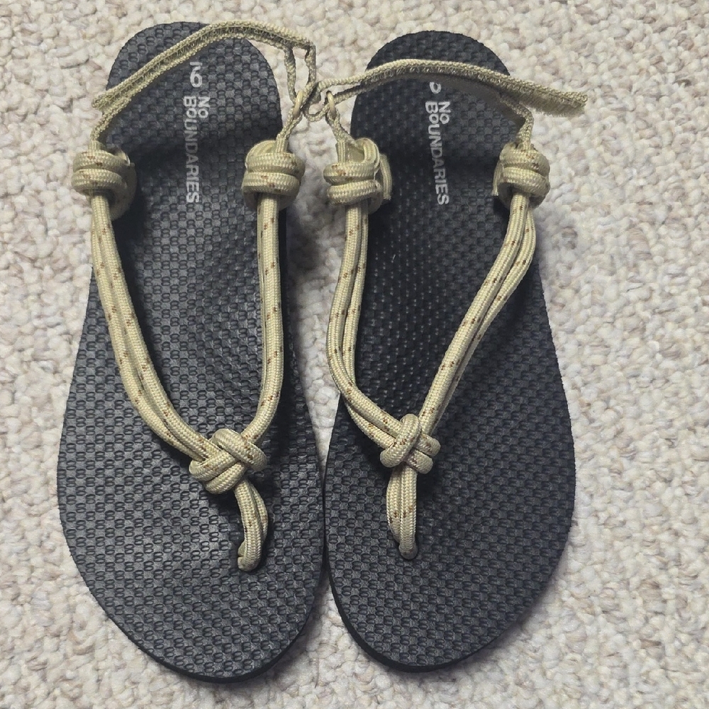 No Boundaries Black Sandals with Tan Knotted Straps